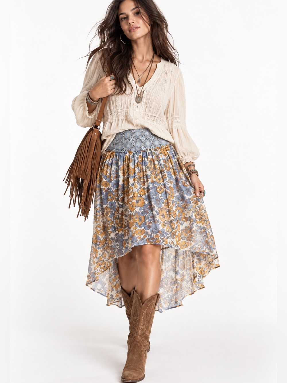 Anthropologie Blue Tassel Silk Floral Crochet High-Low Skirt in Blue and Orange